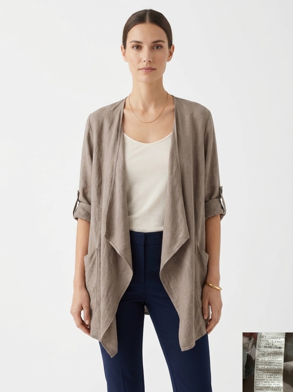 Tempo Paris 100% Linen Open Cardigan Size XL Taupe Draped Layering Jacket Boho